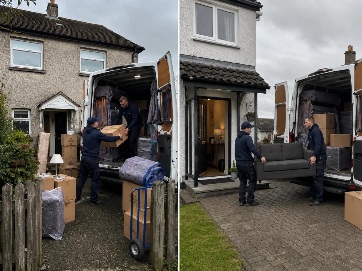 Furniture and boxes being loaded in Ballyclare and delivered to a home in Carrickfergus